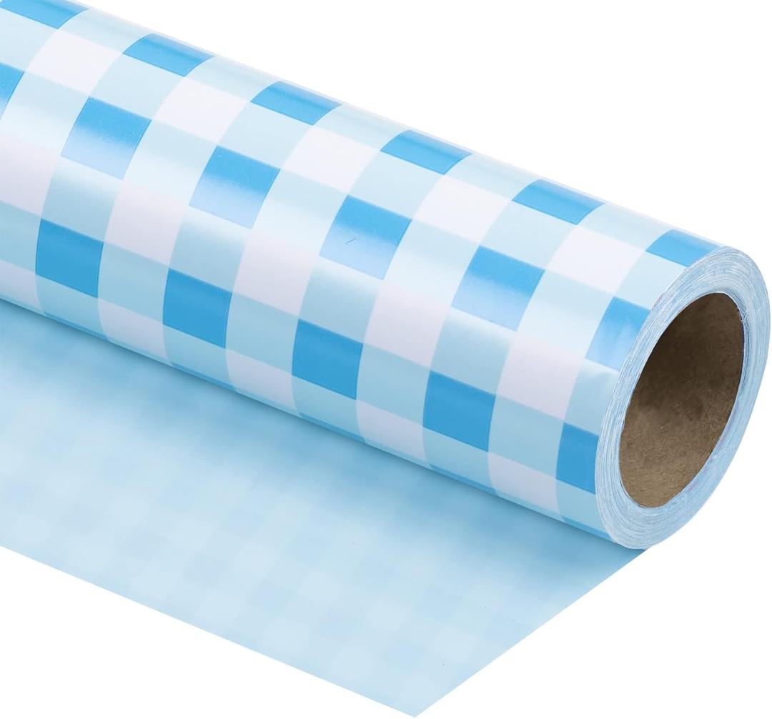 WRAPAHOLIC Reversible Wrapping Paper - Mini Roll - 17 Inch X 33 Feet - Blue and White Plaid Design for Birthday, Holiday, Wedding, Baby Shower