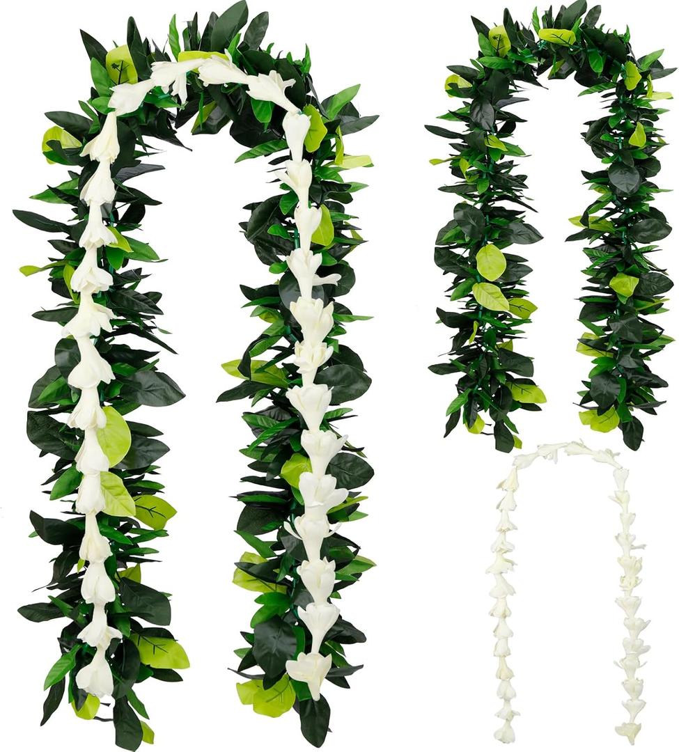 2 Pack Hawaiian Maile and White Tuberose Graduation Lei 6.56ft Artificial Leaf Flower Necklaces for Wedding, Luau, Aloha Summer Party, School Ceremony, 2025 Graduation Gift