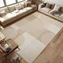8x10 Area Rug for Living Room Beige Geometric Rug Machine Washable White Minimalist Line Mid Century Modern Area Rugs Non Slip Low Pile Large Dining Room Indoor Floor Carpet for Bedroom Office,Beige