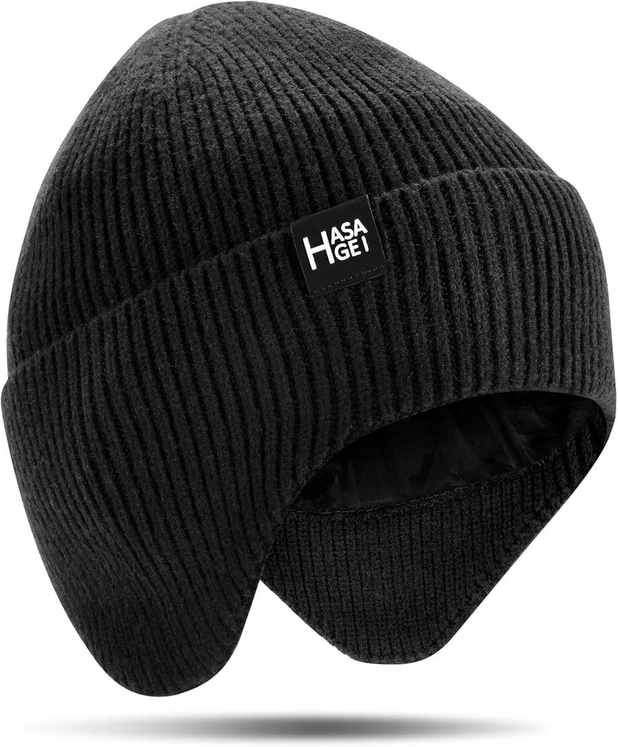 Ear Protection Beanie Hats for Men & Women - Warm Winter Knit Hats for Outdoor Hiking, Skiing, Running, Dog Walking (Black With Fleece)
