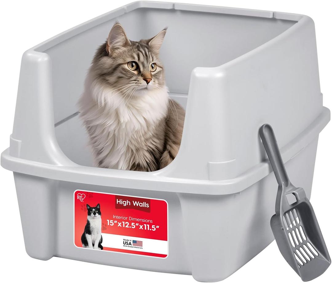 IRIS USA Cat Litter Box Large Open Top with High Sided Walls Tall Scatter Shield Scoop Included Easy Clean Plastic Pan Stain Resistant for Big Cats Kittens Indoor Multi-Cat Households
