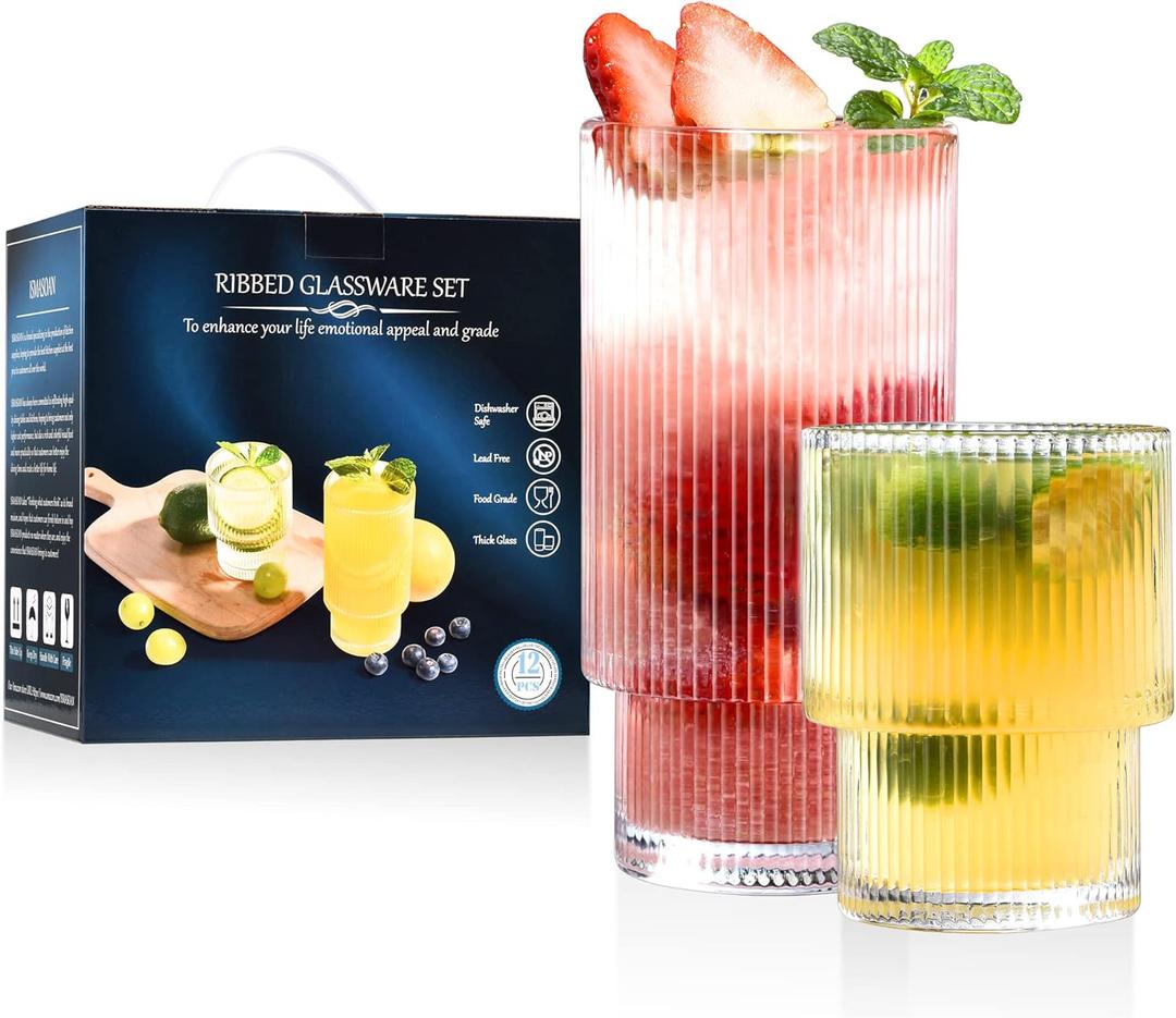 Ribbed Glassware Set of 12, Glass Cups 12 oz and 7 oz, Fluted Glassware, Stackable Glasses, Cups for Kitchen, Gift Box Set