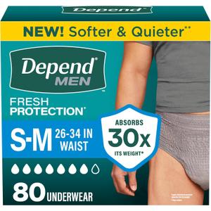 Depend Fresh Protection Adult Diapers, Incontinence Underwear for Men, Disposable, Maximum, Small/Medium, Grey, 80 Count (2 Packs of 40)