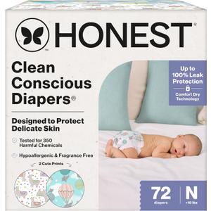 The Honest Company Clean Conscious Diapers for Sensitive Skin | Up to 100% Leakproof | Hypoallergenic, Fragrance Free | Gender Neutral | Club Box, Size Newborn, 72 Count (Prints May Vary)