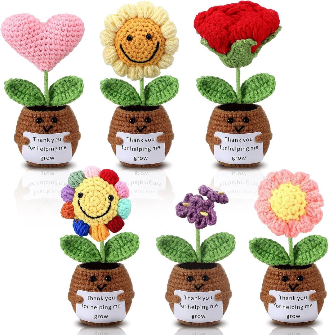 Threehoney 6 Pcs Teacher Appreciation Gifts Thank You for Helping Me Grow Gifts Emotional Handmade Positive Flower Crochet with Card Thank You Crochet for Women Teacher Birthday