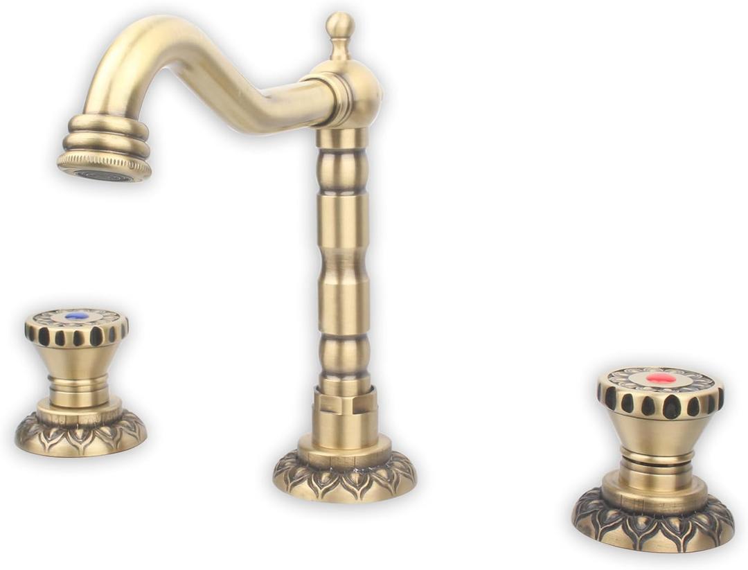 8 inch 3-Hole Bathroom Faucet - Antique Brass Solid Brass Vintage Basin Mixer Tap, Dual Lever Handles & 360 Swivel Spout (Retro European Design, Splash-Free Aerator)