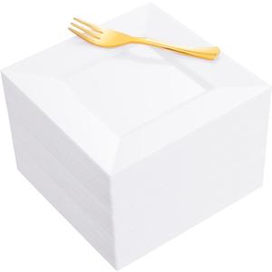supernal 200Pcs White Dessert Plates 6" with Gold Plastic Forks 5.7",White Disposable Square Plates for 100 Guests,Fancy Gold Plate, Including 100 Plastic Appetizer Plates and 100 Dessert Forks