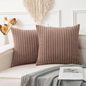 UGASA Soft Velvet Stripe Decorative Pillow Covers Set of 2 Solid Corduroy Textured Euro Cushion Cases for Couch Bedroom Sofa Farmhouse, 24x24 Inch, Light Brown