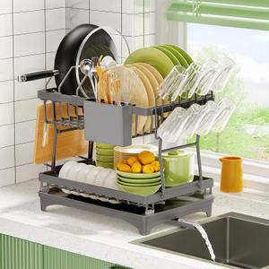 Rustproof Stainless Steel Dish Drying Rack,2 Tier Large Dish Rack for Kitchen Counter,Dish Rack with Drainboard,Dish Drainer with Utensil Holder & Cup Holder,Grey