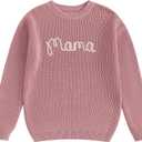 Family Matching Outfits Mommy and Me Cute Letter Embroidery Crew Neck Long Sleeve Sweater Top (Pink) Small