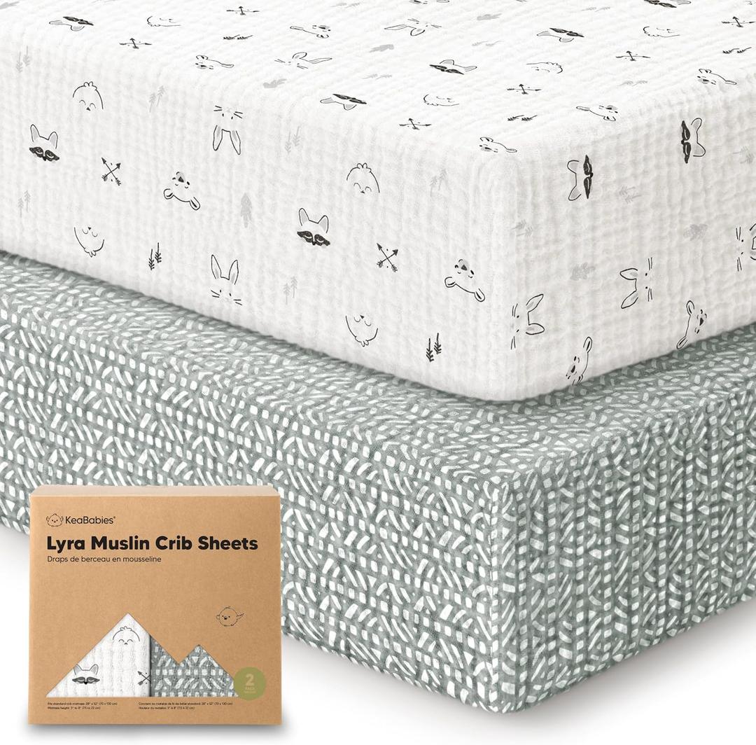 KeaBabies 2-Pack Muslin Crib Sheets for Boys, Girls - 100% Organic Cotton Fitted Baby Crib Mattress Sheet, Soft Breathable Standard Toddler Bed Cover Bedding Set, Neutral, Durable 52x28 (Nordic)