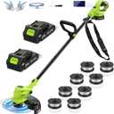 21V Battery Weed Eater & String Trimmer, Lightweight 2-in-1 Electric Weed Wacker, Wheeled Edger with 2X 2.0Ah Batteries & Charger, 12-inch Auto Line Feed, 90° Adjustable Head & 8 Spools