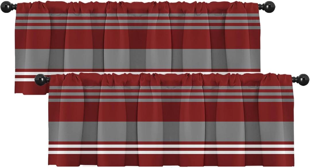 Emvency 2 Pack Valances Window Treatments, Red Grey White Striped Blackout Adjustable for Living Room Bathroom Bedroom Kitchen Over Sink, 52x18 Inch Rod Pocket Valances (Horizontal Stripes Red)