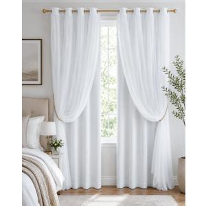 PONY DANCE Double Layer Blackout Curtains with White Sheer for Bedroom, White Window Drapes 95 Inches Long for Living Room,Thermal Insulated Two-Layer Curtains with 4 Tiebacks, 2 Panels, 52W x 95L