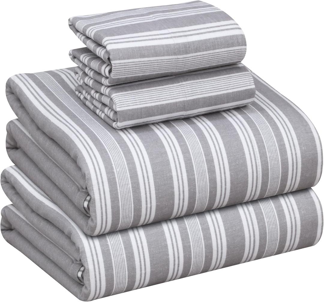 RUVANTI Flannel Sheets Full Size - 100% Cotton Double Brushed Bed Sheets Set, Deep Pockets 16 Inches, All Seasons Breathable & Extra Soft Full Sheets, Warm & Cozy, 4 Piece, Grey Lining