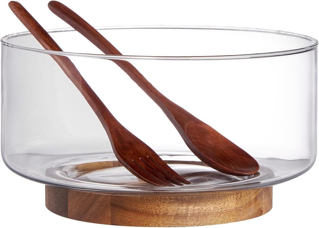 LiTY Glass Salad Bowl Set, 9 Medium Salad Servers with Acacia Wood Base and Salad Serving Utensils, for Party, Fruits, Popcorn, Chips, Pasta, Kitchen Must-Have