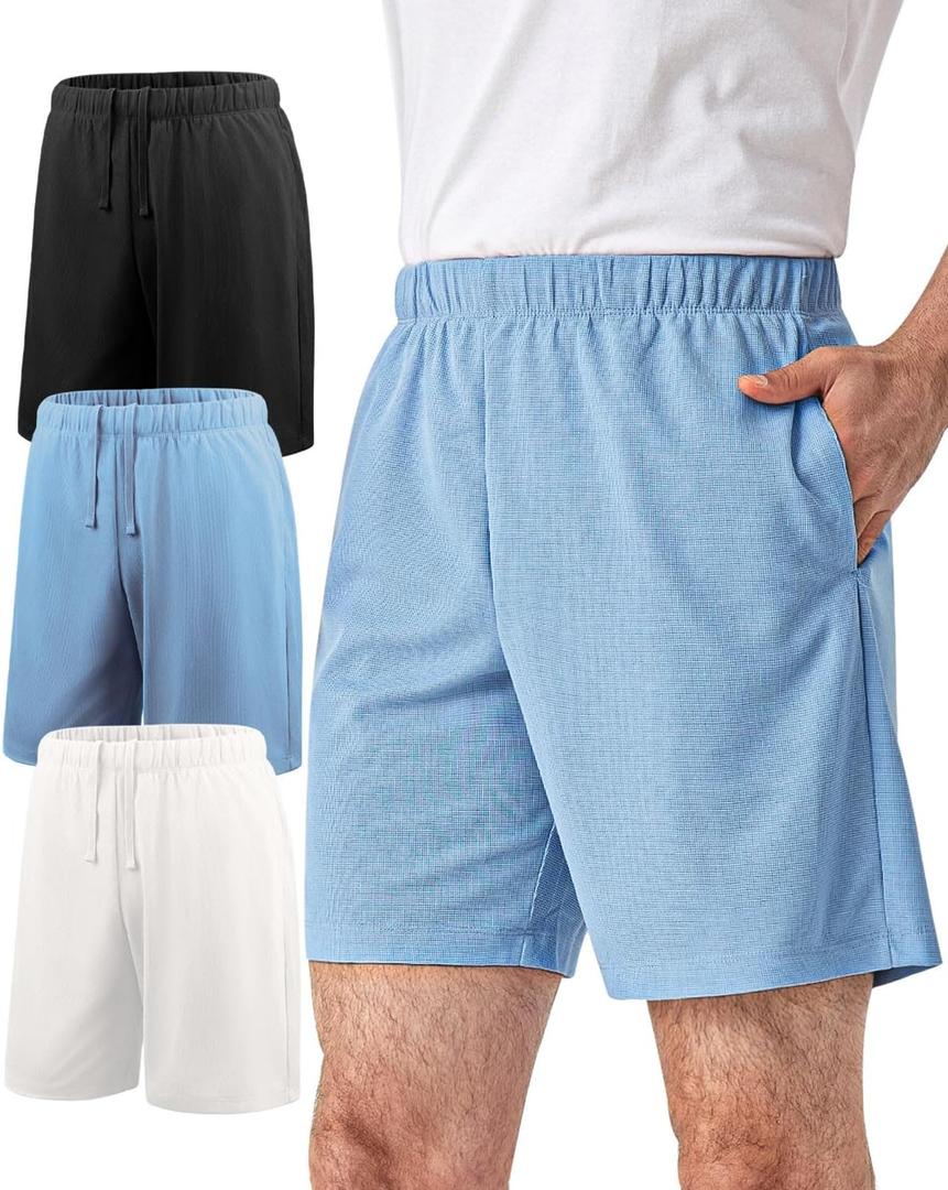 Liloak Men's Athletic Shorts with Pockets,Sweat Shorts for Men Pack,7 Inch Cotton Knit Shorts Men Multipack Casual Fit Summer (Medium, Waffle-grey/White/Lightblue)