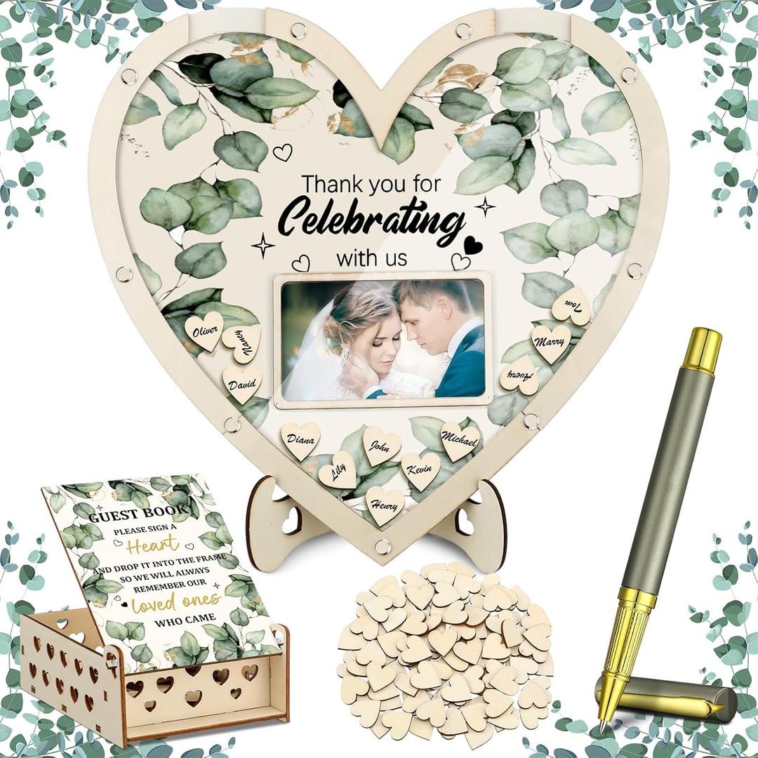 Wooden Wedding Guest Book Alternative with 100 Wood Hearts Chips, Drop Box and Pen Eucalyptus Leaves Theme Heart Picture Frame Rustic Wedding Guest Book Decor for Reception Ceremony(Wood)