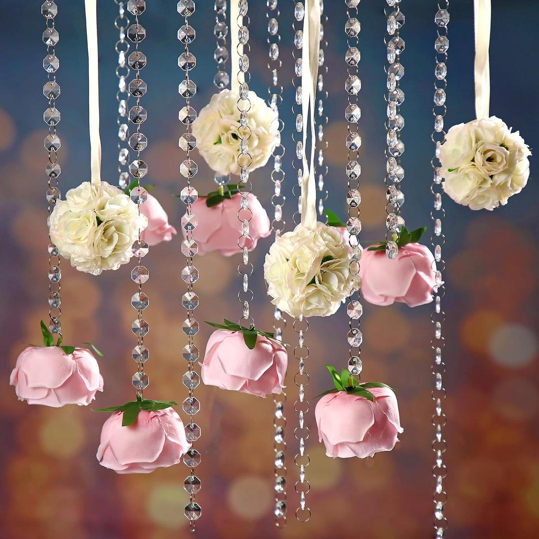 19 Pack Wedding Hanging Centerpiece Set Acrylic Crystal Garland Flower Kissing Balls Artificial Rose Crystal Gems Bead Garland Strands and Thread for Wedding Engagement Party Tree Decorations