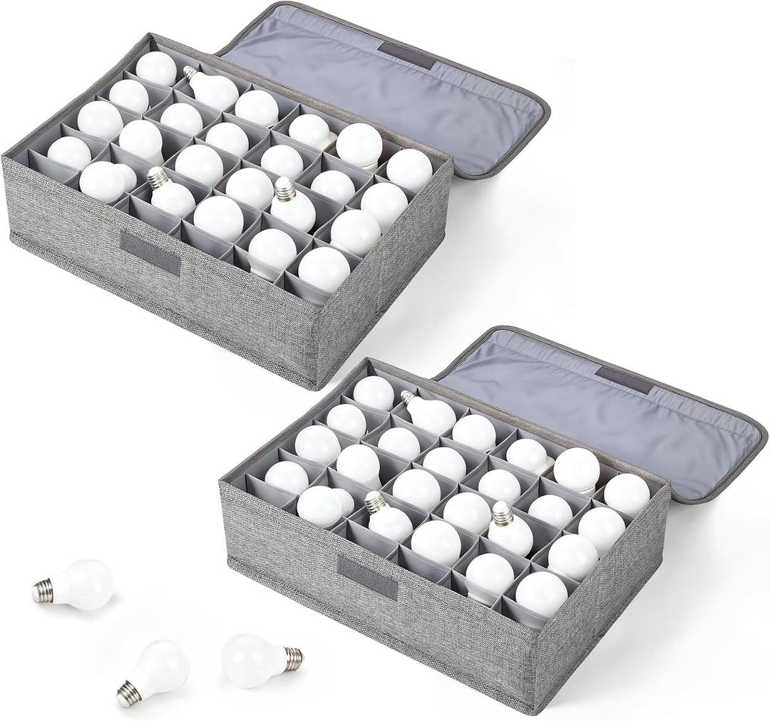2 Pcs Light Bulb Organizer Storage Box Ornament Storage with 30 Dividers Foldable Bulbs Organizer with Lid Sturdy PP Board Fits Various Standard Dustproof Fabric Case for Home Vbs (Grey)