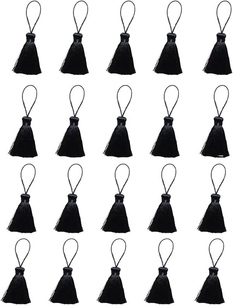 20pcs 3.7 Inch Mini Tiny Craft Tassels Soft Elegant Handmade Silky Floss Tassels with Cord Loop for Keychain Earring, Jewelry Making, Graduation, Bookmarks, Gift Tag DIY Craft Projects (Black)