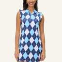 SONEVEN 34" BLUE CHECKERBOARD QUARTER-ZIP RUFFLED SLEEVELESS DRESS WITH SHORTS, M, BLUE CHEKEREDBOARD