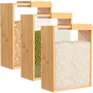 3 Pcs Wooden Cereal Storage Boxes, 8.7 x 6.8 x 3.1 in Dry Food Dispenser with Slide Lid, Visible Window, Wood Food Storage Container for Kitchen, Pantry Organization