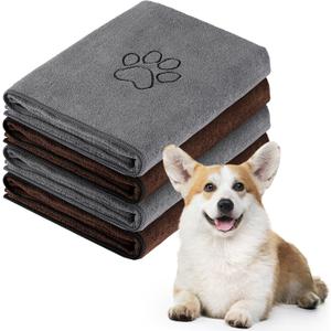 Chumia 4 Pack Extra Large Dog Towel Quick Drying Dog Grooming Towel Absorbent Soft Microfiber Dog Bath Towel Pet Towel for Small Medium Large Dogs Cats Pet Bathing (Gray, Coffee, 16 x 32 Inch)