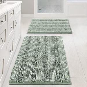 H.VERSAILTEX Sage Bathroom Rugs, Bath Mat Set of 2 Extra Thick Chenille Striped Pattern Shaggy Bath Rugs for Bath Room, Non Skid Bath Mats for Bathroom Floor (32 x 20 Plus 24 x 17 - Inches)