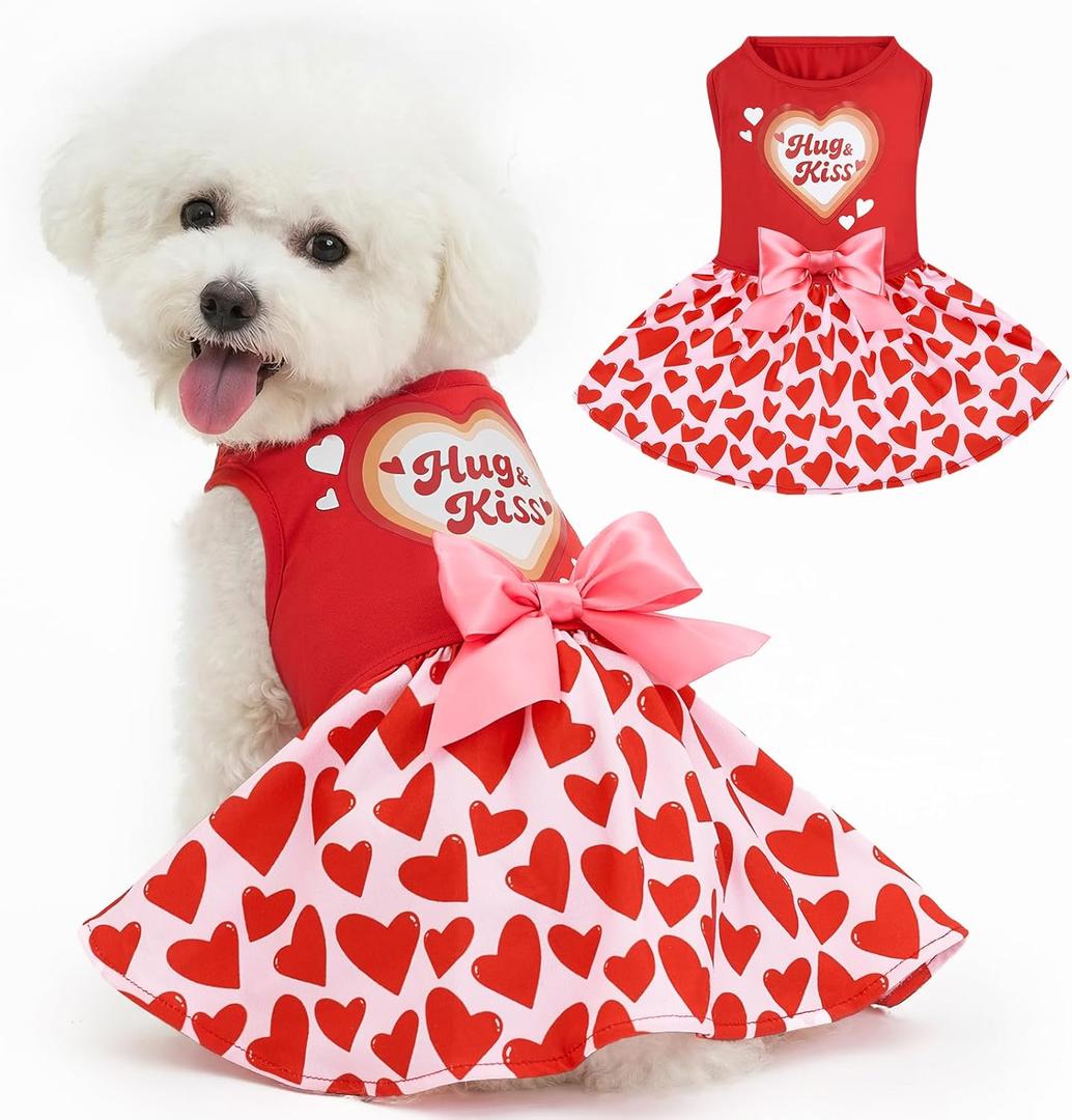XPUDAC Valentine Dog Dress Heart Print Dog Dress for Small Dogs Girls Holiday Party Tulle Puppy Outfit Cat Apparel-L (Large(Chest-18.1"))