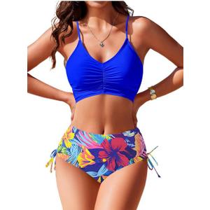 AI'MAGE Women's High Waisted Bikini Sets Tummy Control Swimsuits Front Ruched Two Piece Drawstring Bathing Suit, L