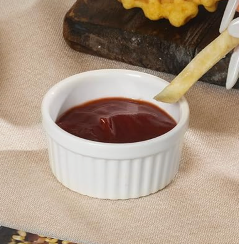 DOWAN Dipping Bowls 1.5 oz, Sauce Cups Mini Ramekins, Tiny Ramekin Porcelain Souffle Dish, Dessert Cups Small Bowls Condiment Cups for Charcuterie Board, Microwave & Oven Safe, Set of 5, Soft White