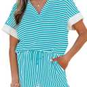 KevaMolly Womens Lounge Sets V Neck Tee and Casual Short Set Casual Pocket Decoration Two Piece Sets (Blue, M)