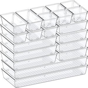 Criusia Drawer Organizer, 5-Size Versatile Bathroom and Vanity Organizer Trays, 20 Pack Clear Plastic Kitchen Drawer Organizers Set, Storage Bins for Makeup, Bathroom, Jewelries and Office
