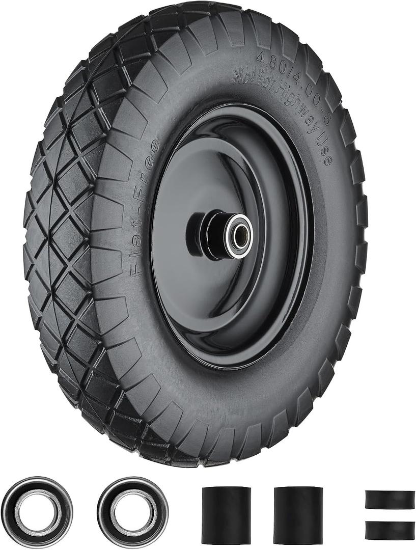 Wheelbarrow Tires 4.80/4.00-8 Flat Free, 16 inch Solid Tire and Wheel with 5/8” or 3/4” Bearings, Wheel Barrow Tires 4.80/4.00-8 Includes Adapter Kit by Cubesprings