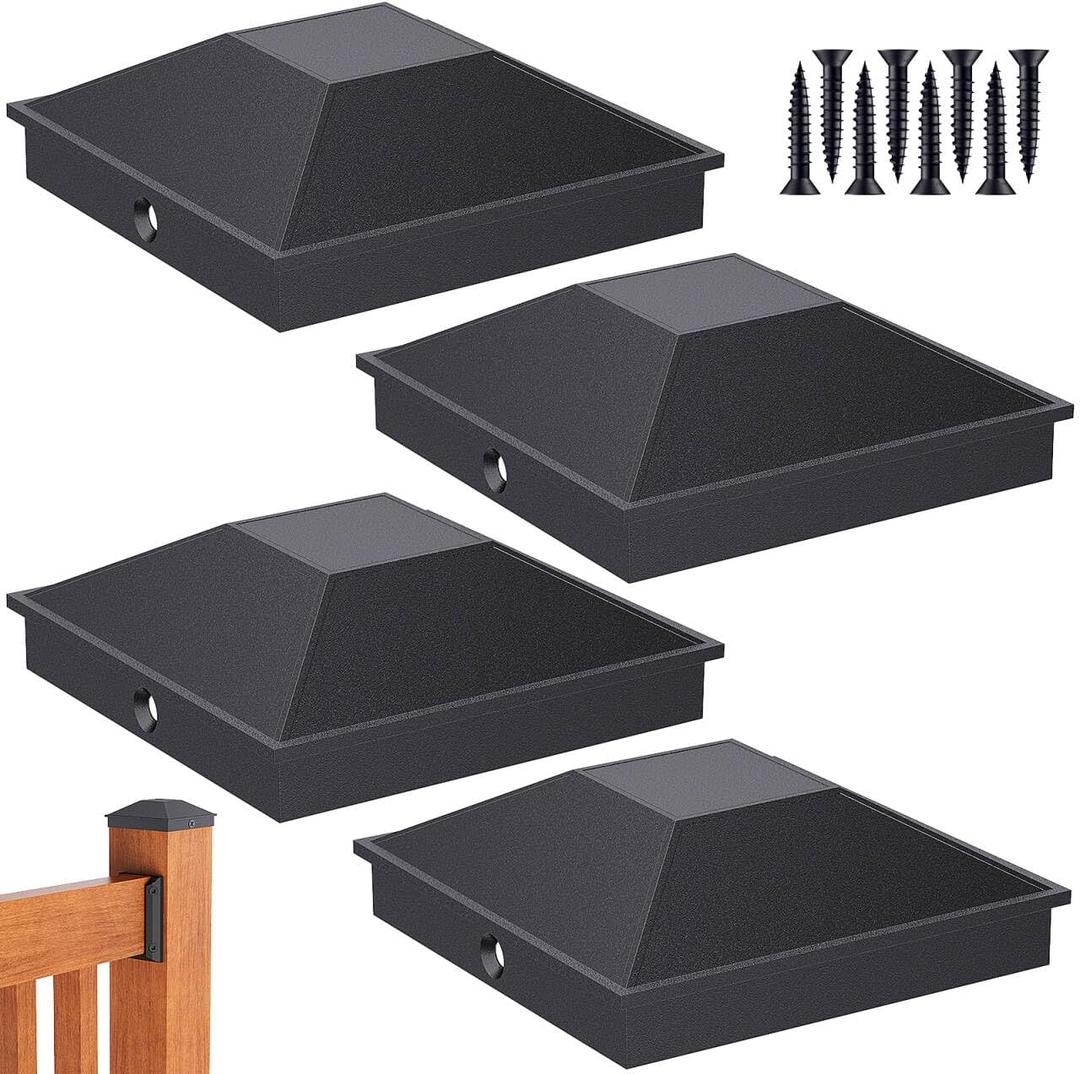 Goovilla 4x4 Post Caps Black(Actual 3.5" x 3.5"), 4 Pack Aluminum Metal Fence Post Caps with 8 Screws and Easy Installation, Waterproof Deck Post Caps with Fade-Resistant Coating, Protect Wood Post