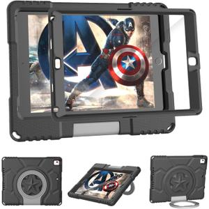 Kids Case for iPad 5th/6th Generation 9.7-inch 2017/2018 Release, Lainergie iPad Air 2 Case with Screen Protector, iPad Pro 9.7 Protective Cover Case Lightweight Shockproof with Handle Stand, Black