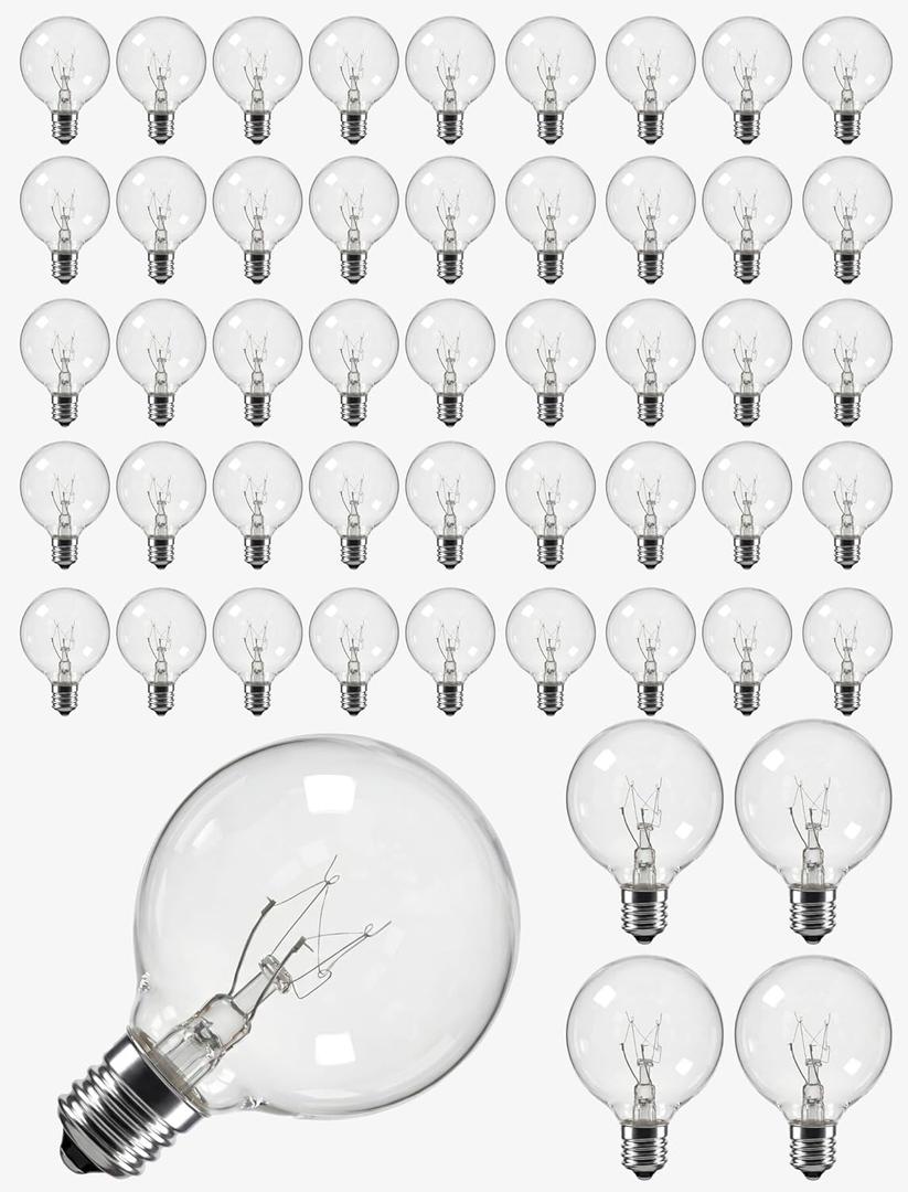 50 Pack G40 Replacement Bulbs for Outdoor String Lights, 5W Clear Incandescent Globe Bulbs with E12 Base, Dimmable Patio & Backyard Decor