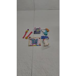 1.Pair Of Red Polka Dot Wrist Straps – Yellow Flower Attachment 2.Small Koala Tape Dispenser – With Clear Tape Roll 3.Blue Elephant Bubble Blower – Handheld Toy 4.Purple Butterfly Hair Clips – Glitter Design, Card Packaging 5. Squishy Unicorn Toy – White With Rainbow Mane, Sealed Bag Запитати в ChatGPT
