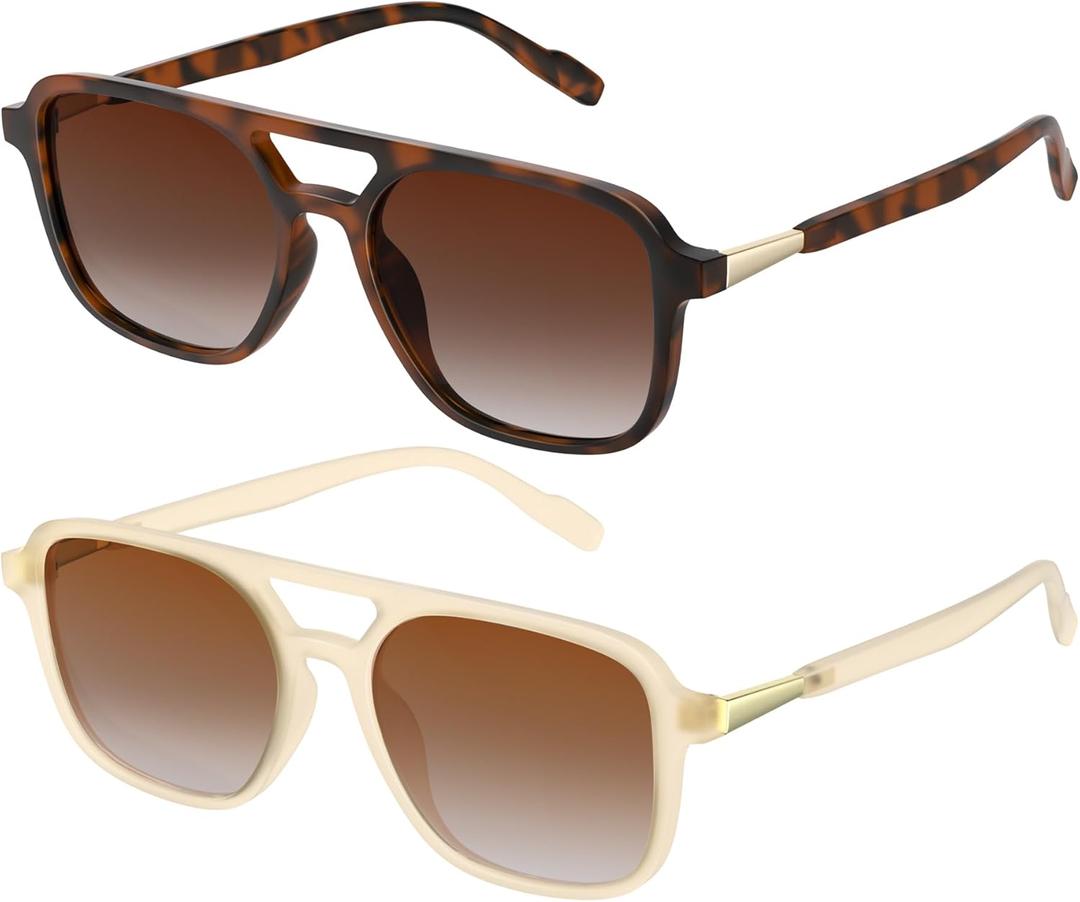 2 x Retro Aviator Sunglasses for Women Men Polarized Vintage Trendy 70s Rectangle Men's Women's Shades Sun Glasses UV400 Protection (LeopardBrown+LotusTea,54mm)