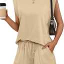RUBZOOF Two Piece Sets for Women Summer Cap Sleeve Lounge Short Sets Crewneck Outfits with Pocket (X-Large, Khaki)