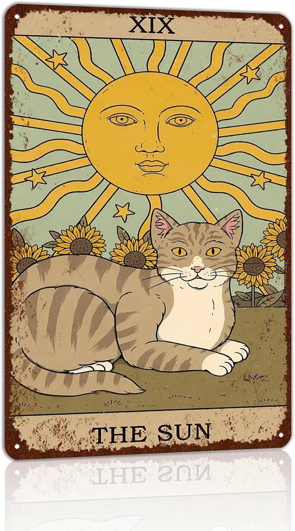 Vintage Cat Tin Sign Retro Tarot Card Metal Sign Poster Wall Art Decor Bathroom Dorm Room Home Decor - Sun