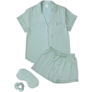 TEERAPHIQUE 4Pcs Womens Satin Pajama Silk Pajamas for Women Set Tops & Shorts Sleepwear Loungewear With Eye Mask & Hair Rope (Small, Green)