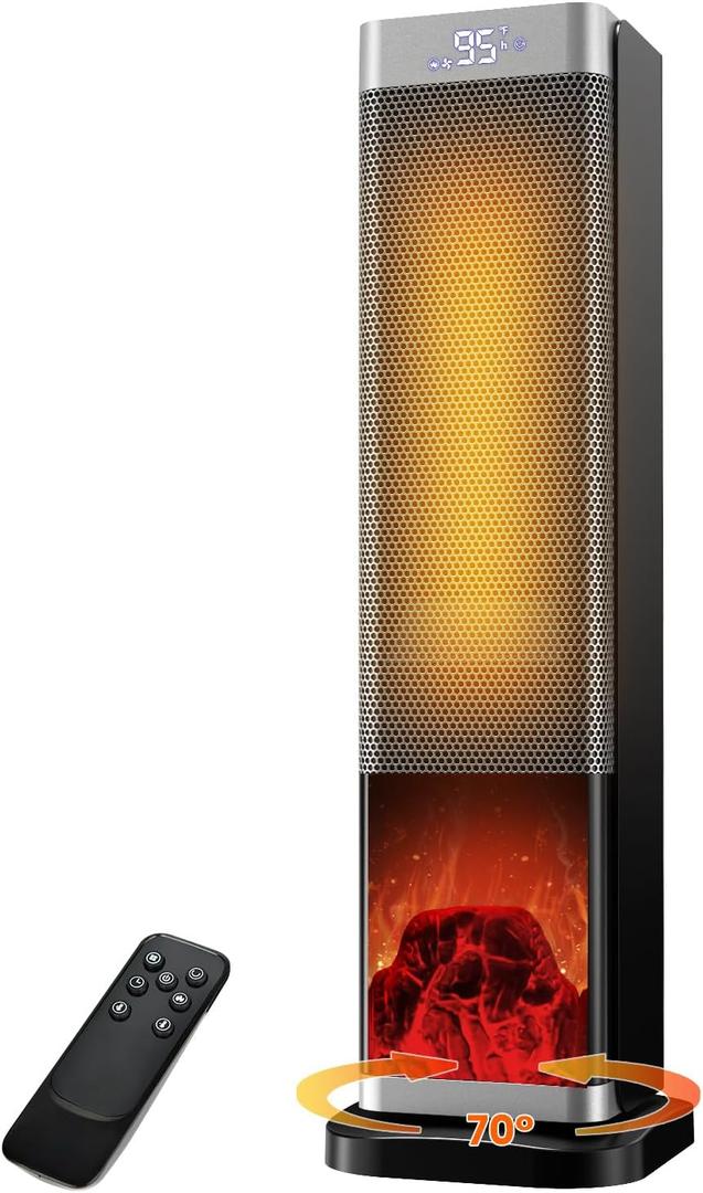 Space Heaters for Indoor Use, 1500W PTC Ceramic Electric Heater with Thermostat, Room Temperature Display, 70° Oscillation, Remote Control, 12H Timer, Quiet Portable Heater for Office Bedroom