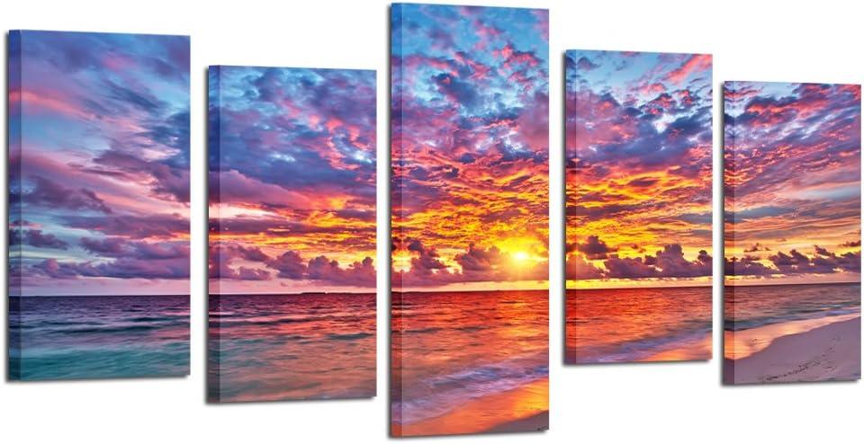 KREATIVE ARTS - 5 Pieces Modern Canvas Painting Wall Art Colorful Sunset Over Ocean on Maldives Seascape Picture Print On Canvas Giclee Artwork For Wall Decor (Large Size: L 60'' x H 32'')