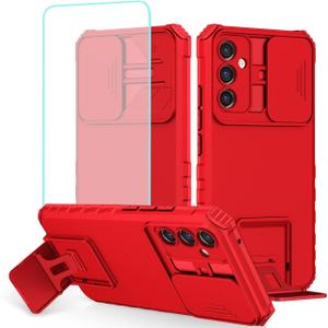 Case for Galaxy A15 Case, Samsung A15 SM-A156U Case with Tempered Glass Screen Protector and Slide Camera Cover, Heavy Duty Kickstand Slim Protective Phone Cover for Samsung Galaxy A15 Red