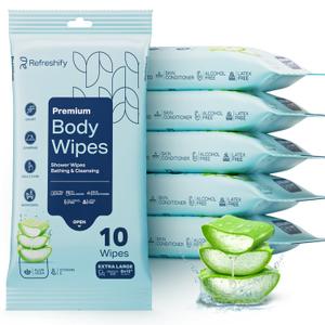 60 XL Shower Wipes Body Wipes for Adults Bathing No Rinse 6 Packs of 10 Extra Moist Bath with Aloe & Vitamin E for Camping, Travel, Gym & Bedridden Care