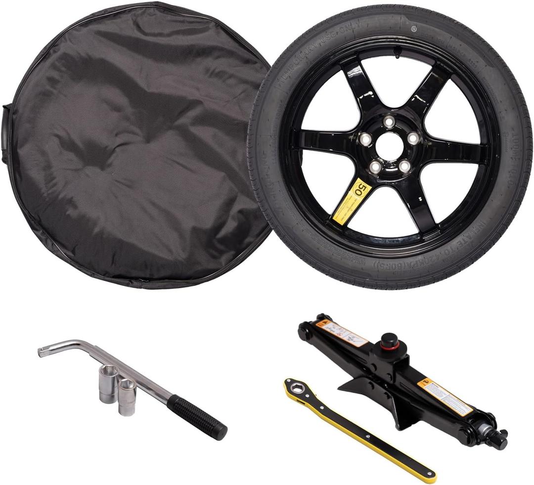 StanceMagic Complete Spare Wheel and Tire Kit for Tesla Model Y - Includes 18x4 Black Rim, 155/85R18 Spare Tire (28.5" Diameter), Scissor Jack, Lug Wrench, Sockets, Carrying Bag
