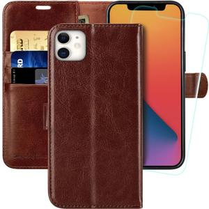 MONASAY Wallet Case Compatible for iPhone 12 mini 5G 5.4-inch,[Glass Screen Protector Included] [RFID Blocking] Flip Folio Leather Cell Phone Cover with Credit Card Holder, Brown