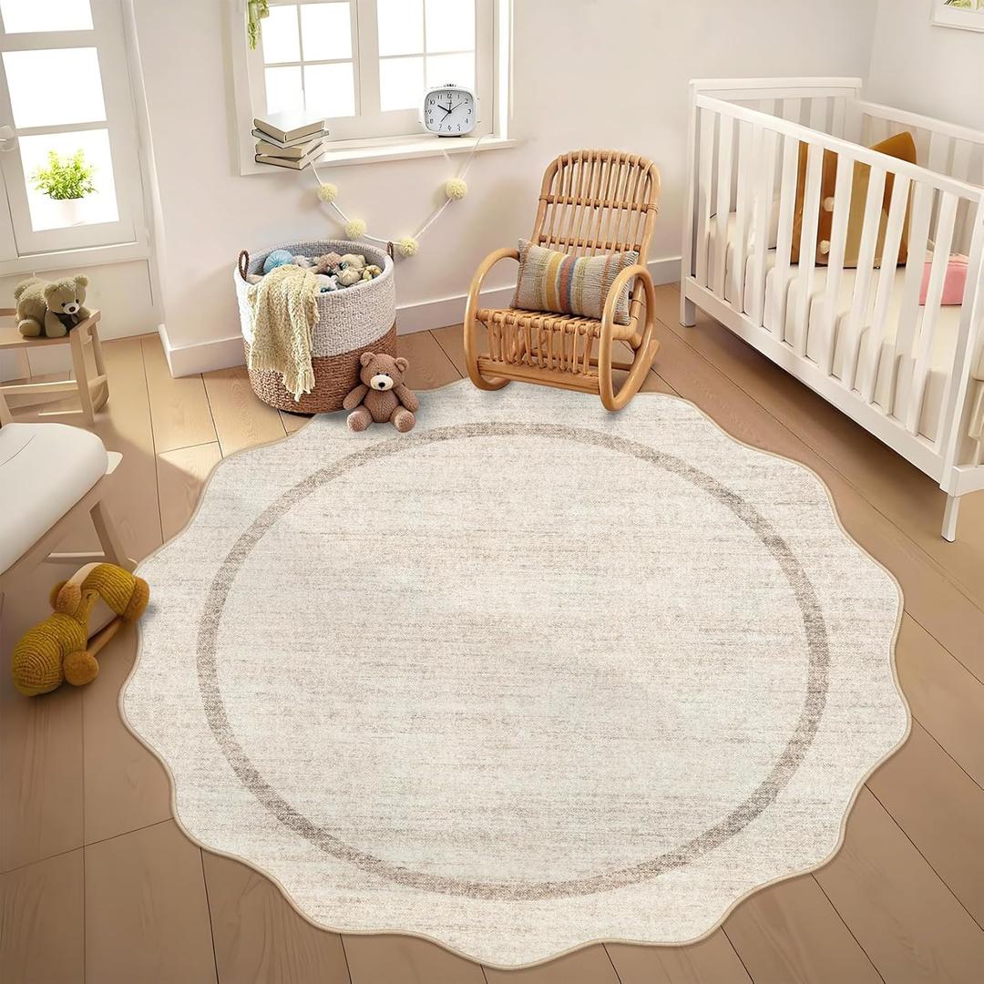 GarveeHome Scalloped Round Washable Rug, Soft Modern Round Rugs 5 ft Circle Carpets for Bedroom Ultra-Thin, Boho Beige Print Distressed Circular Carpet for Living Room Dorm Bedside, Beige